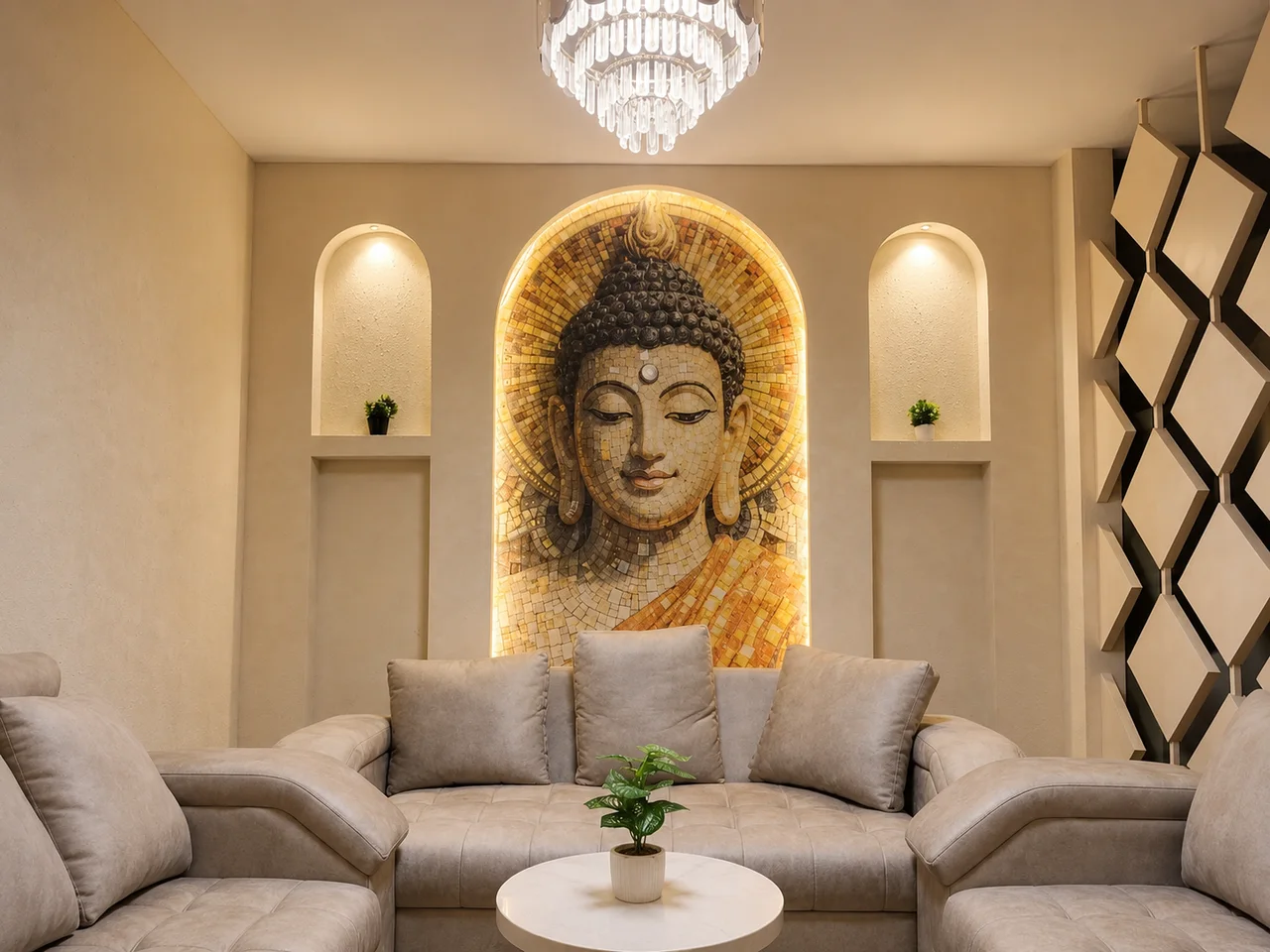 Macau lounge with seating and illuminated Buddha mosaic