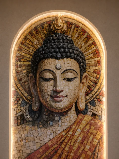 Close view of the illuminated Buddha mosaic inside Macau