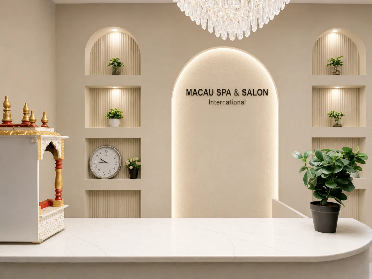 Front view of the Macau reception desk and brand wall