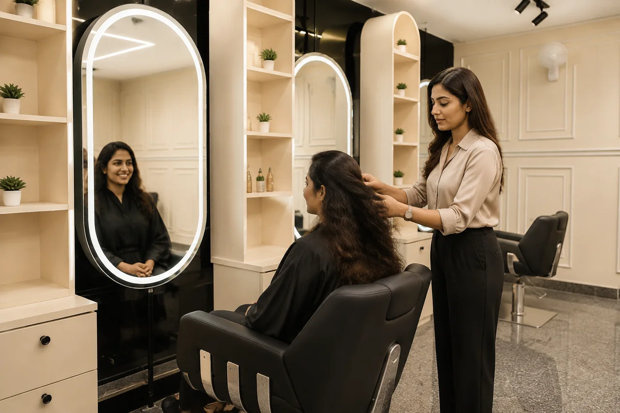 Illustrative hair consultation before a technical colour service