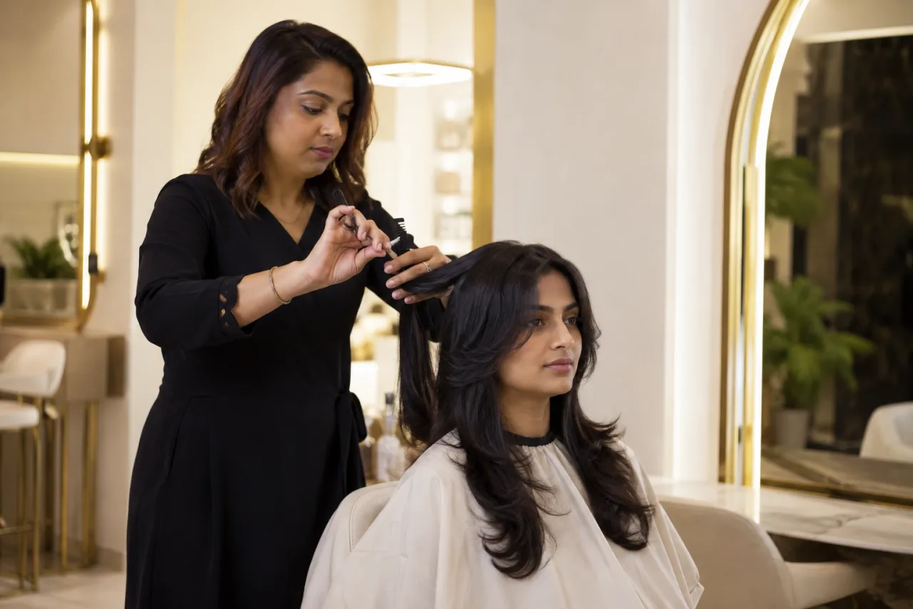 Illustrative professional women’s haircut at a styling station