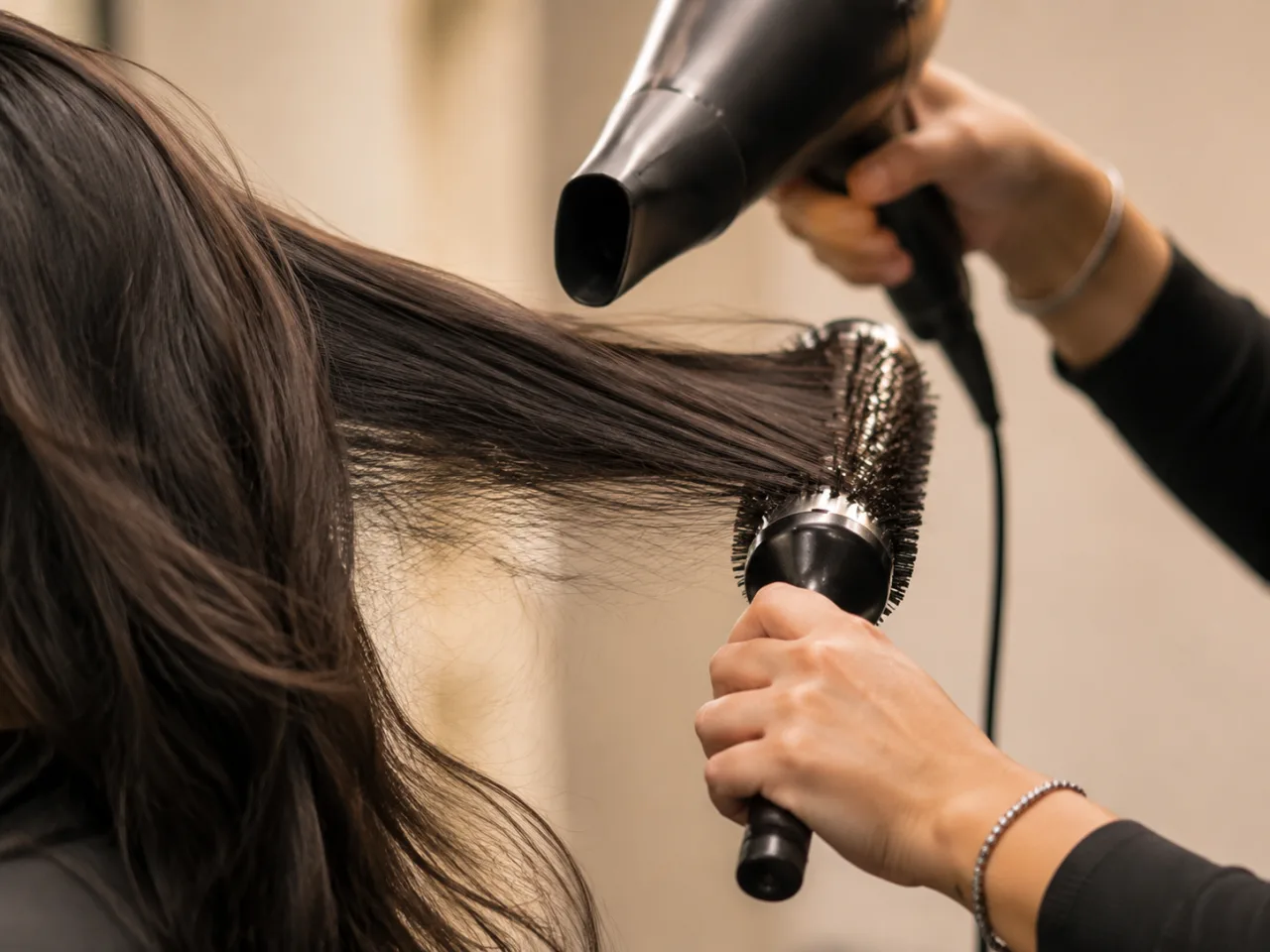 Illustrative close view of professional hair finishing