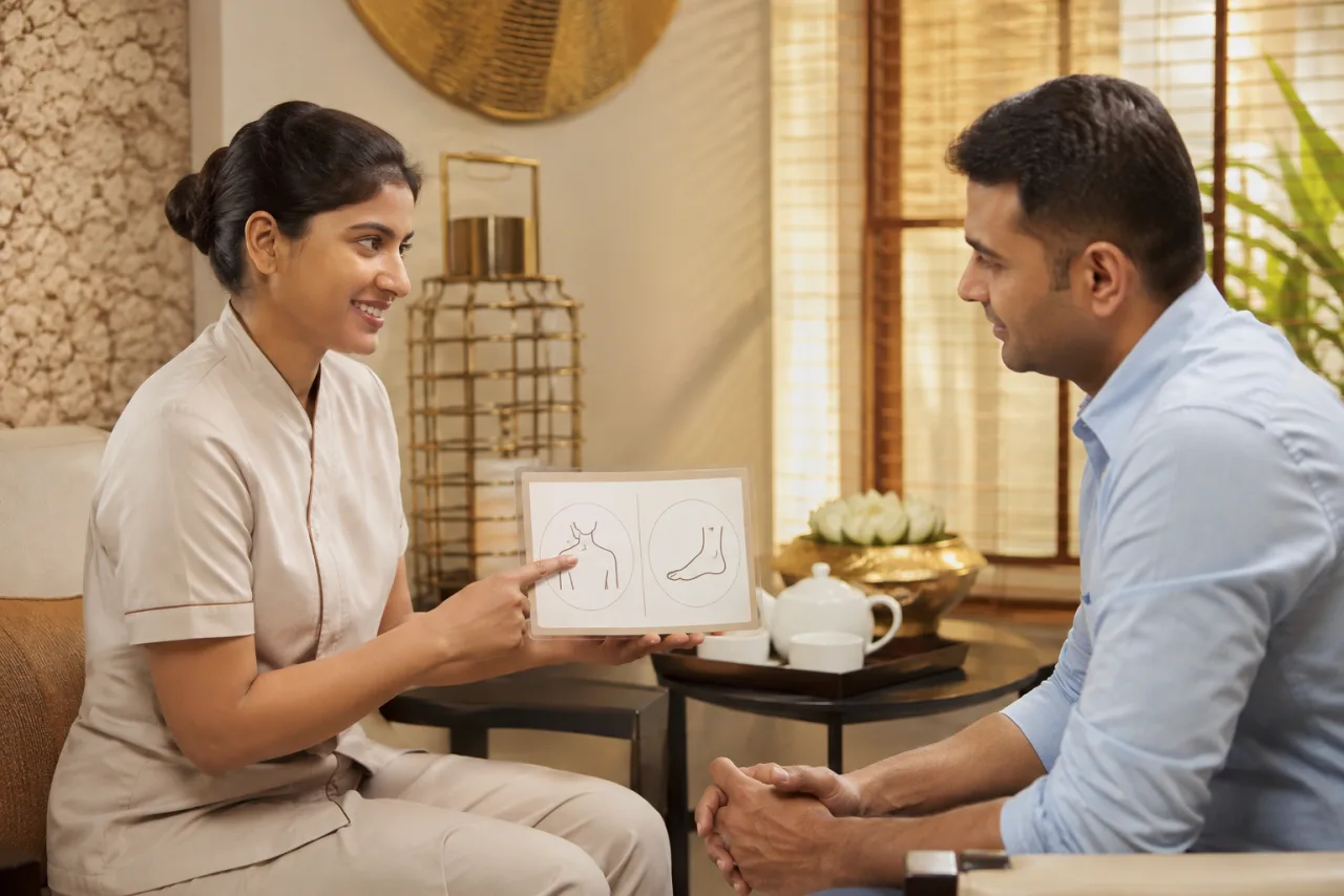 Illustrative body-therapy consultation between a professional and client