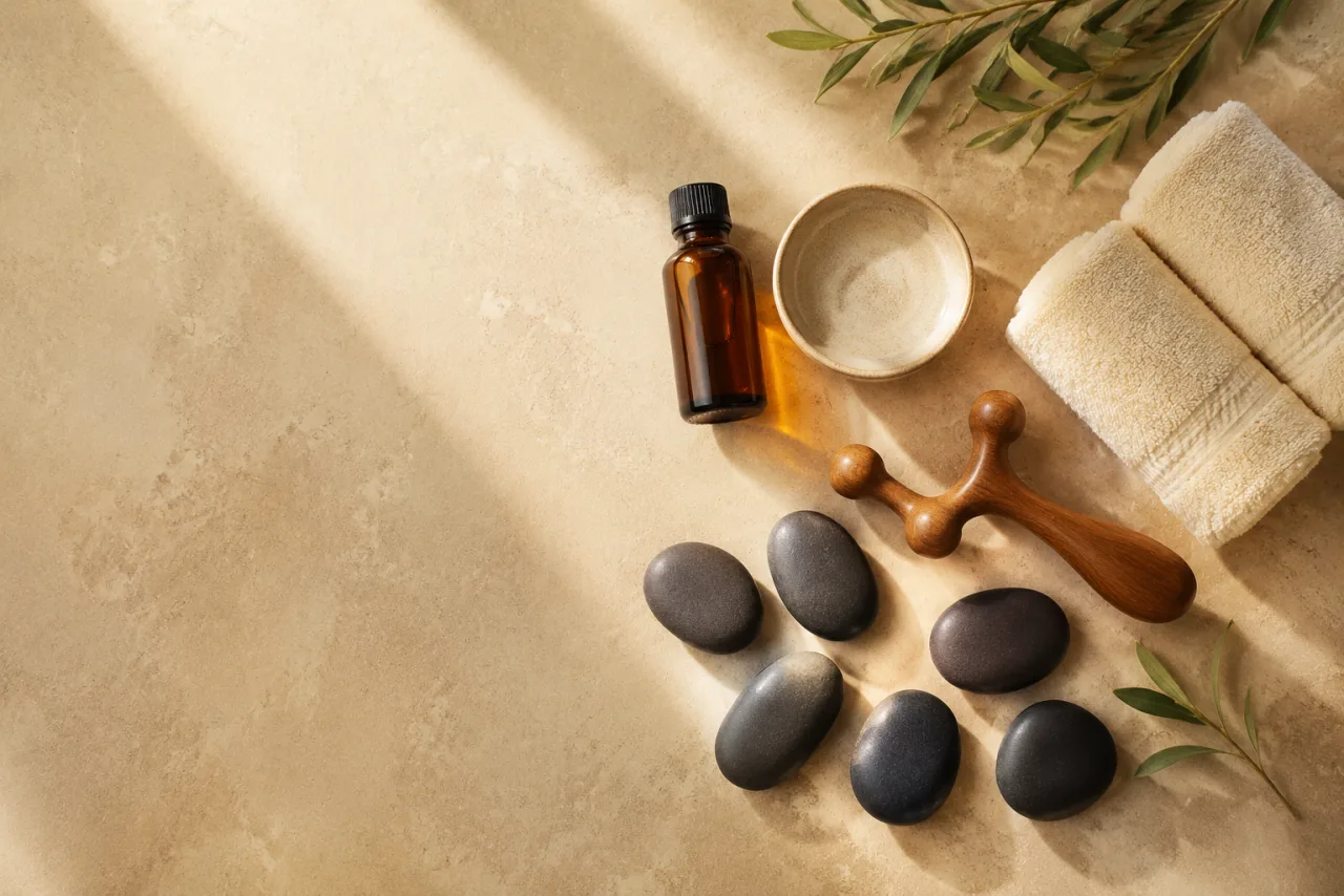 Illustrative SPA arrangement with oils, towels and massage stones